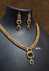 Premium 1 Gram Gold polish AD Stone Trendy Emerald and Leaf Pattern Necklace with Earrings