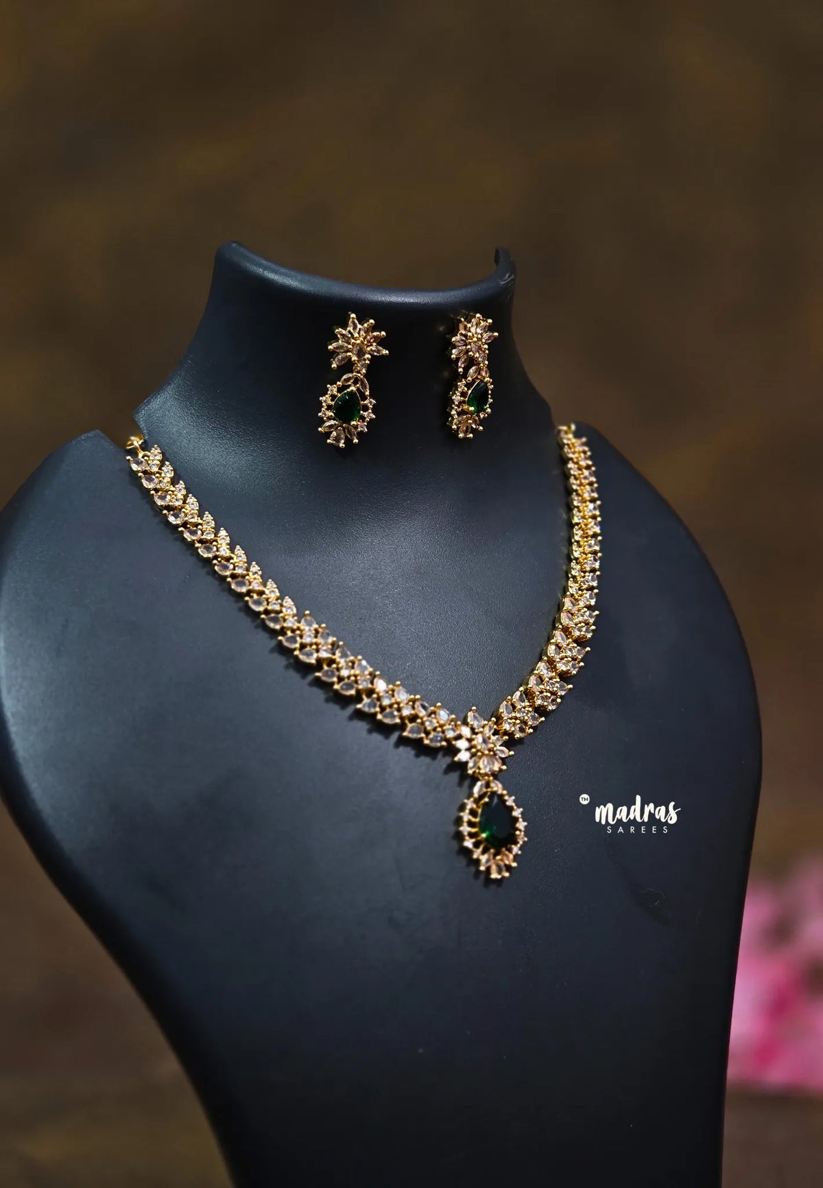 Premium 1 Gram Gold polish AD Stone trendy Emerald green pendant Necklace with Earrings