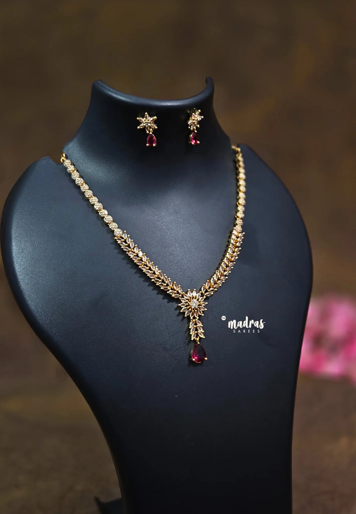 Premium 1 Gram Gold polish AD Stone trendy Leaf pattern and Flower Design Necklace with Earrings