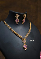 Premium 1 Gram Gold polish AD Stone trendy Light Pink pendant Necklace with Earrings
