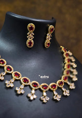 Premium 1 Gram Gold polish AD Stone trendy Oval Red Stone Necklace with Earrings