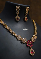 Premium 1 Gram Gold polish AD Stone Trendy Ruby Flower pendant Necklace with Earrings