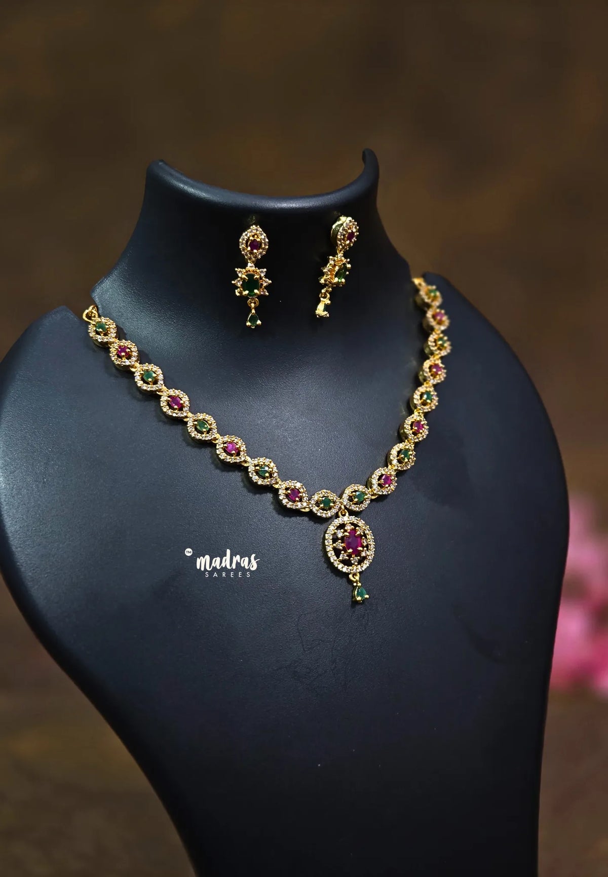 Premium 1 Gram Gold polish AD Stone trendy Ruby and Green Necklace with earrings