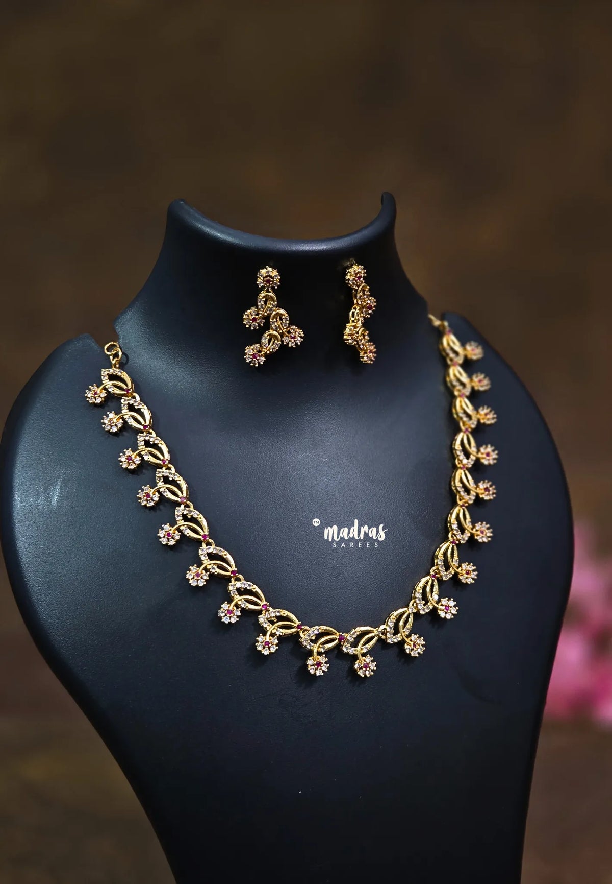 Premium 1 Gram Gold polish AD and ruby Stone trendy floral Design Necklace with Earrings