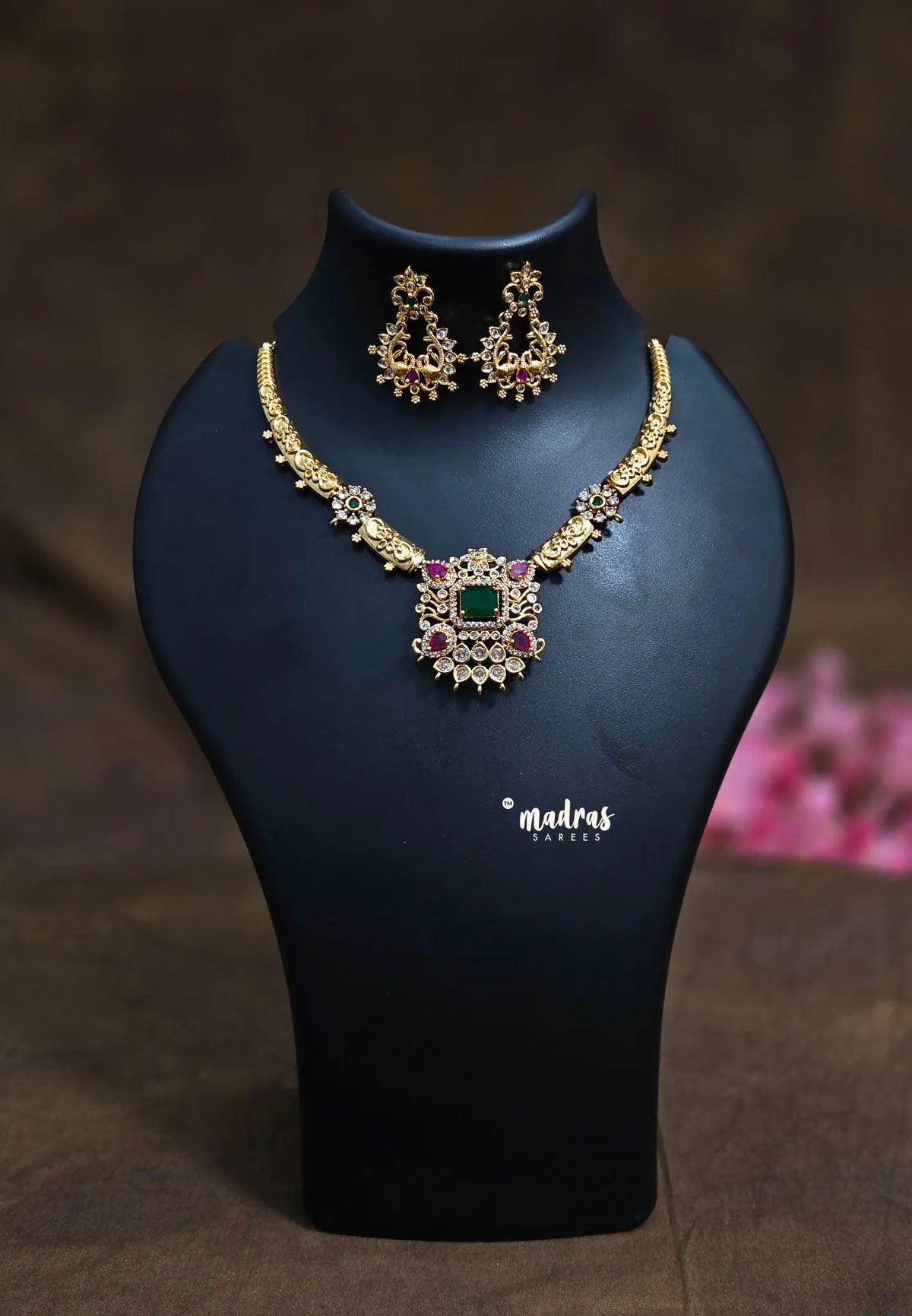 Premium 1 Gram Gold polish AD Stone Trendy Temple Necklace with Earrings