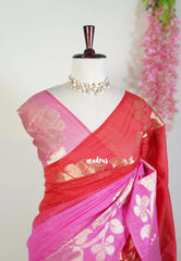 Ruby Red & Pink - Premium Jute Silk with Gradient Tone And Floral Jamdani Weaving - Perfect for Night Functions | Tea party