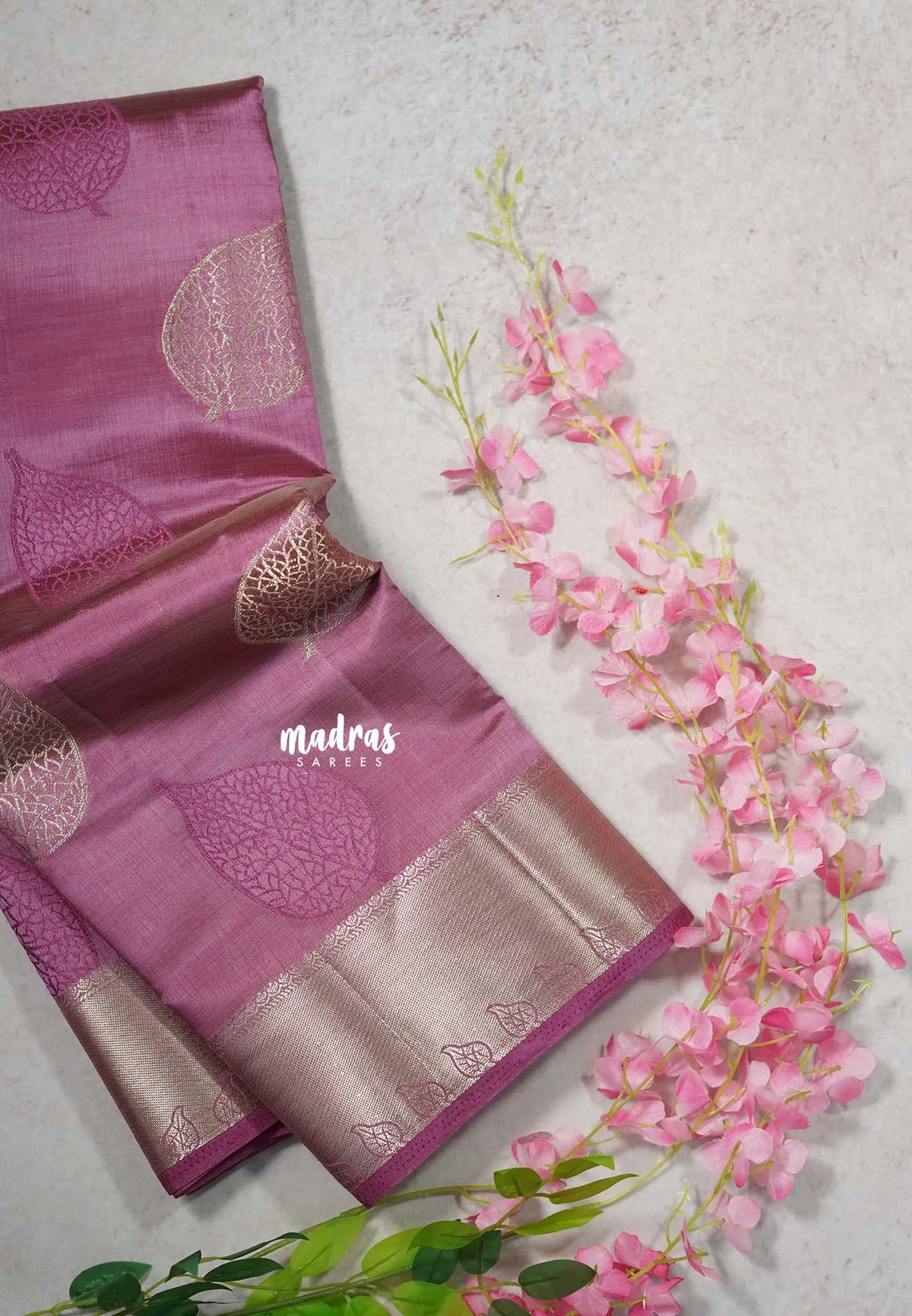 Dual Shade Mauve Pink - Raaga Premium Semi tussar Zari Border with Leaf Buttas -  Perfect for small functions | Temple visit |