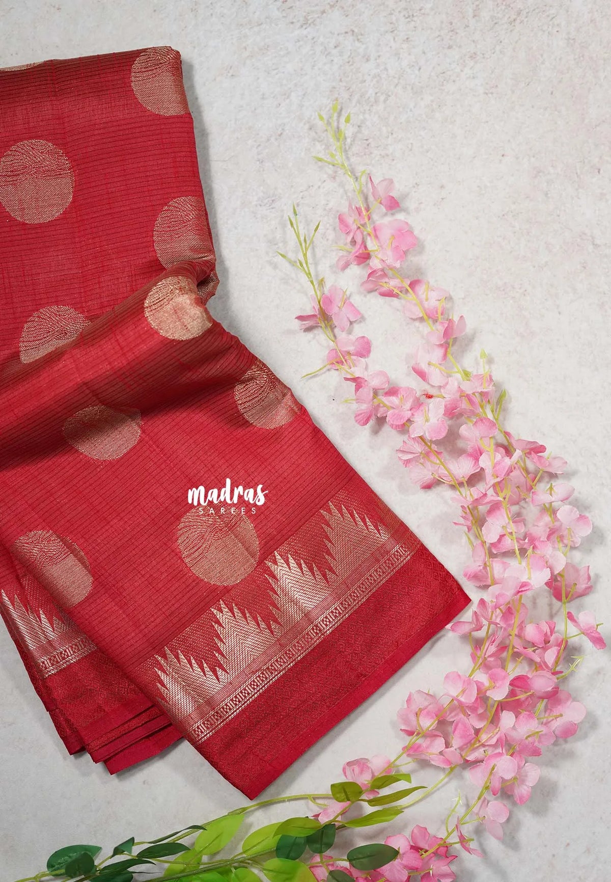 Dual Shade Rich Red - Raaga Premium Semi tussar Temple Border with Buttas -  Perfect for small functions | Temple visit |