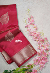 Dual Shade Crimson Pink - Raaga Premium Semi tussar Zari Border with Leaf Buttas - Perfect for small functions | Temple visit |