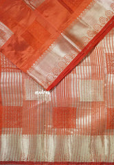 Dual Shade Rust Orange - Raaga Premium Semi tussar Zari Border with Square Box Buttas - Perfect for small functions | Temple visit