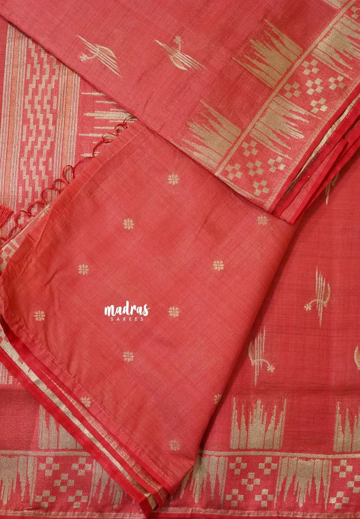 Pastel Red - Raaga - Premium Raw Mango silk saree with stylish buttas and border