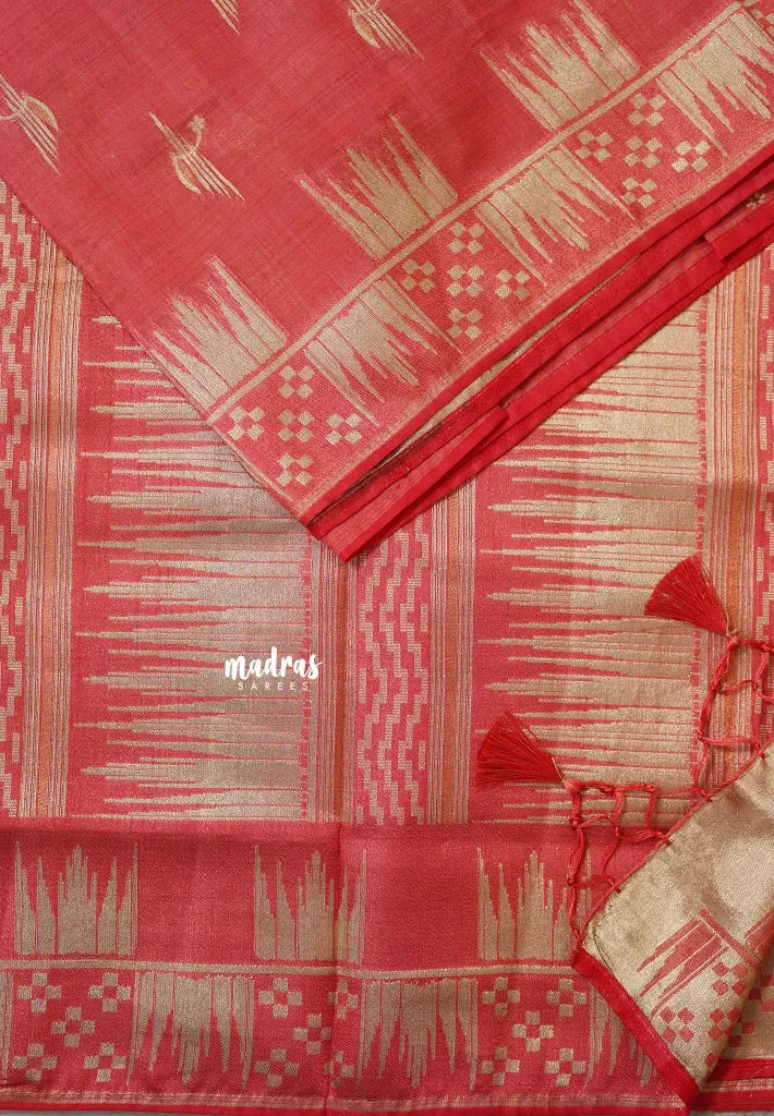 Pastel Red - Raaga - Premium Raw Mango silk saree with stylish buttas and border