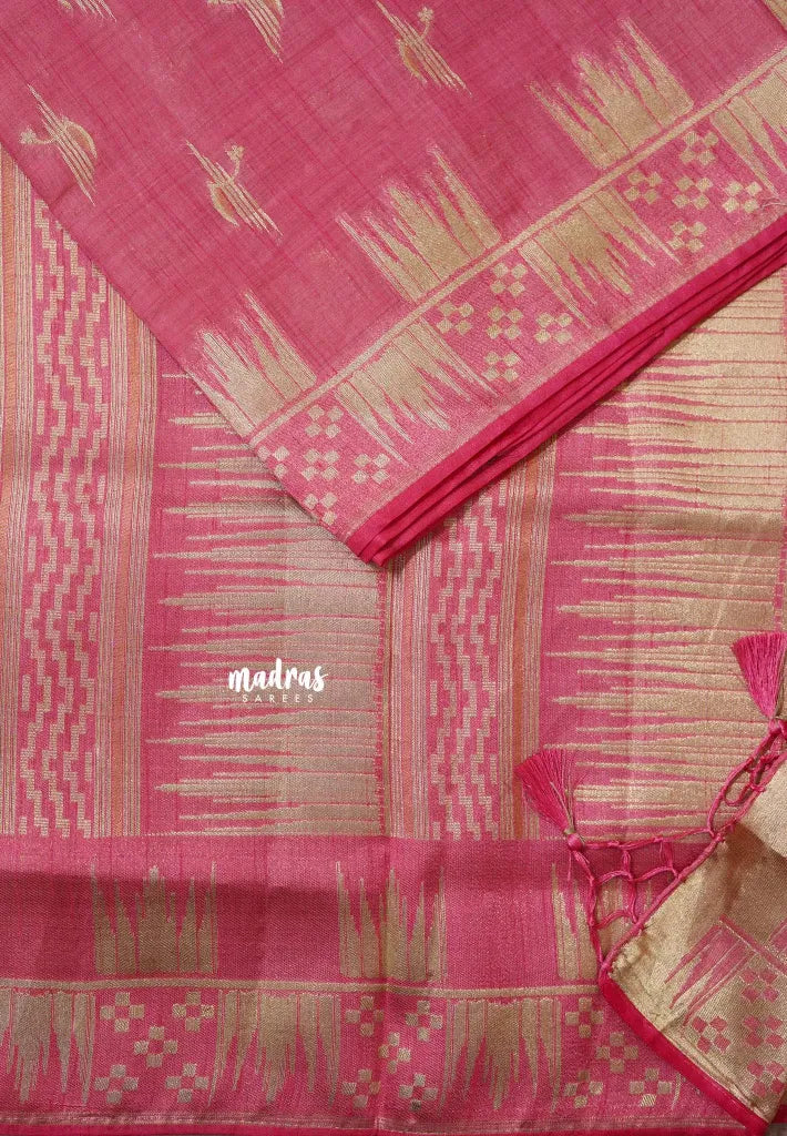 Rose Pink - Raaga - Premium Raw Mango silk saree with stylish buttas and border