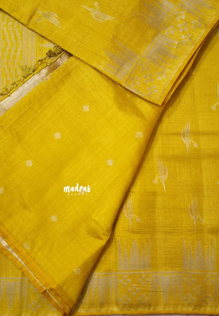 Golden Yellow - Raaga - Premium Raw Mango silk saree with stylish buttas and border
