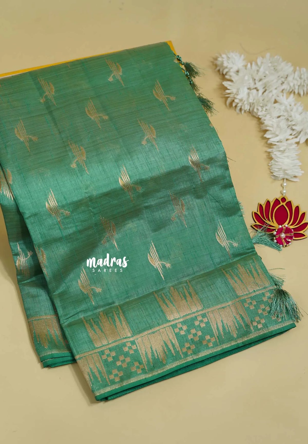 English Green - Raaga - Premium Raw Mango silk saree with stylish buttas and border