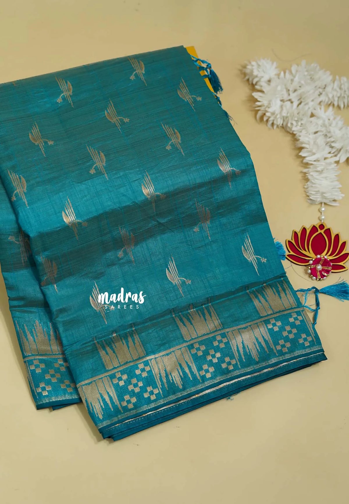 Teal Blue - Raaga - Premium Raw Mango silk saree with stylish buttas and border