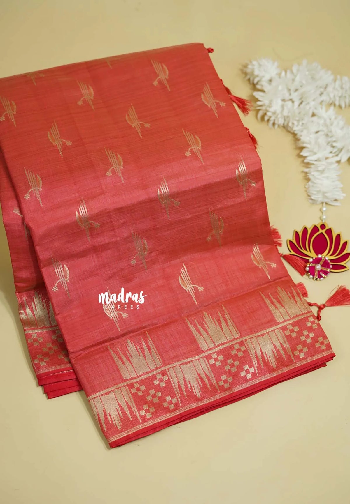 Pastel Red - Raaga - Premium Raw Mango silk saree with stylish buttas and border