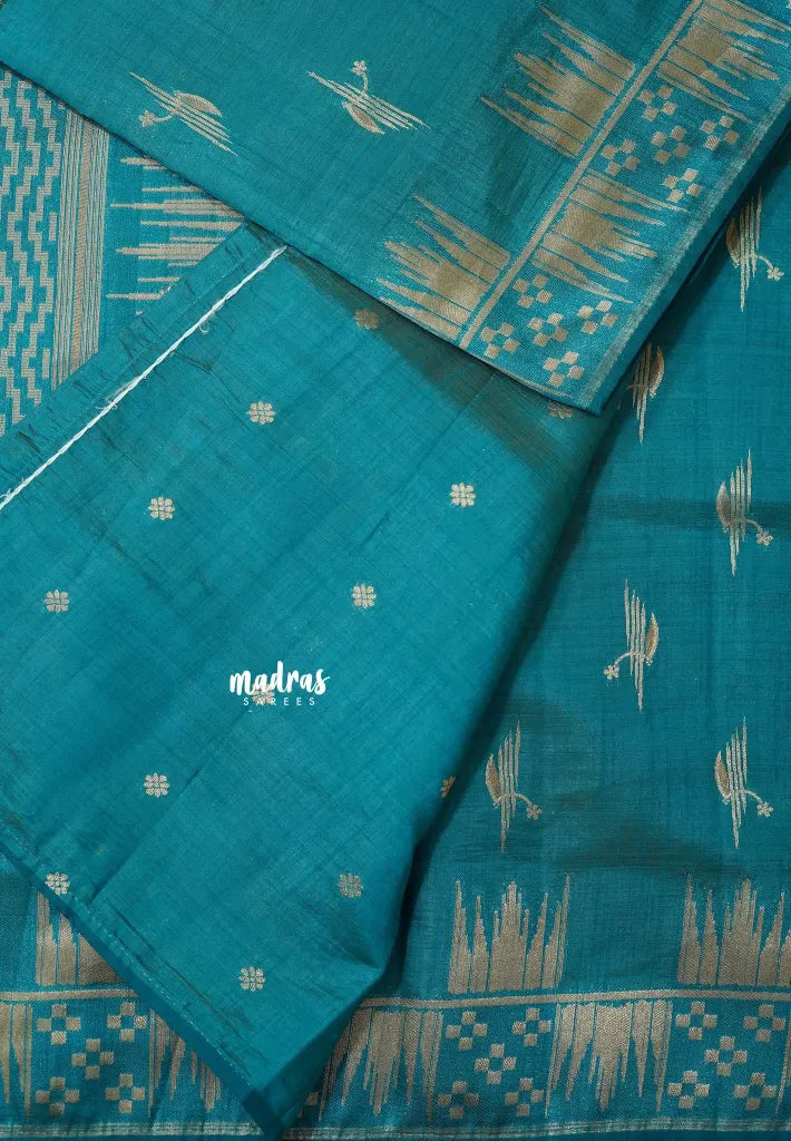 Teal Blue - Raaga - Premium Raw Mango silk saree with stylish buttas and border