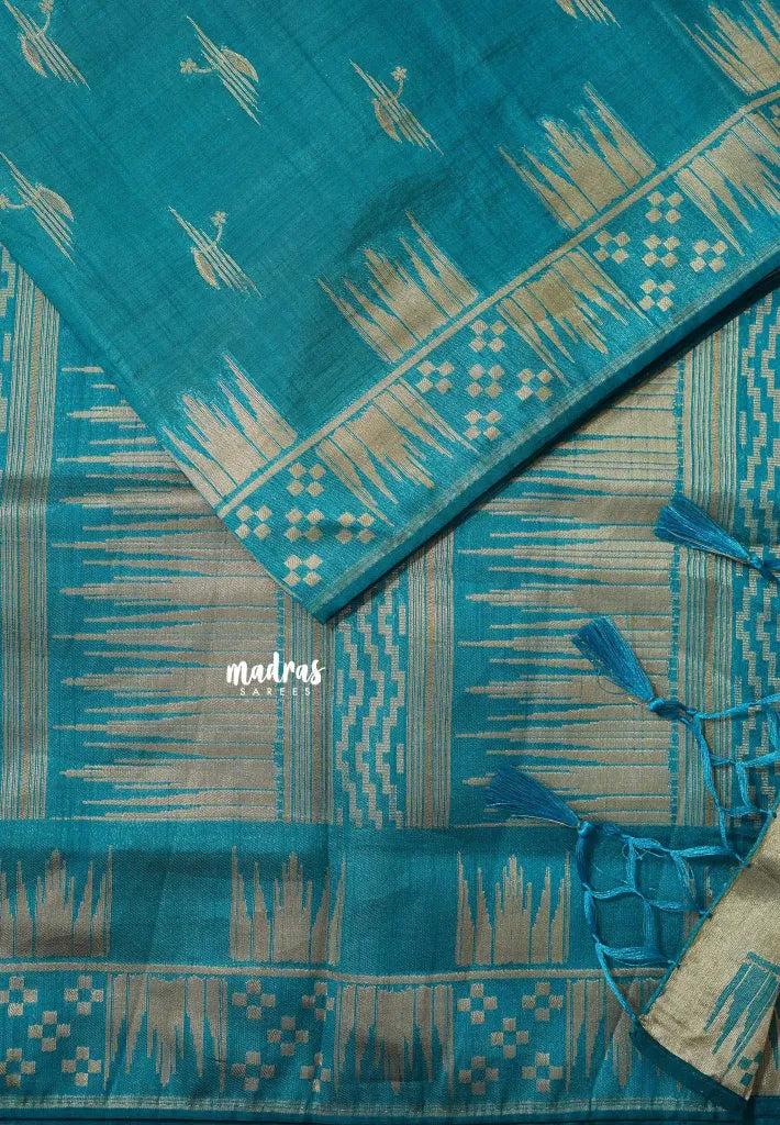 Teal Blue - Raaga - Premium Raw Mango silk saree with stylish buttas and border