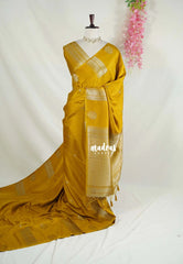 Muted Turmeric Yellow - Vadhanam - 120 Count Linen Tussar Saree with Jimiki Buttas and Rich Pallu - Perfect for Diwali Festive