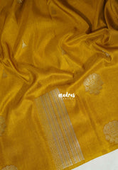 Muted Turmeric Yellow - Vadhanam - 120 Count Linen Tussar Saree with Jimiki Buttas and Rich Pallu - Perfect for Diwali Festive