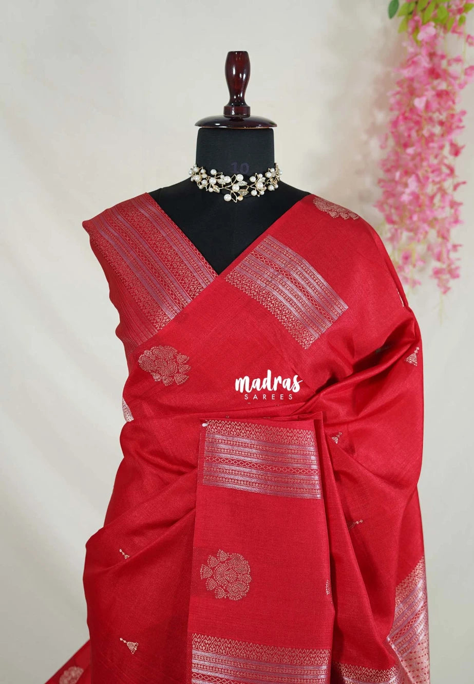 Spicy Red - Vadhanam - Linen Tussar Saree with Jimiki Buttas and Rich Pallu - Perfect for Diwali Festive