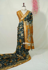 Midnight Green - Premium Vasundra Printed Silk with Floral Prints and Zari Border - Best for Casual Wear