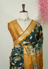 Midnight Green - Premium Vasundra Printed Silk with Floral Prints and Zari Border - Best for Casual Wear