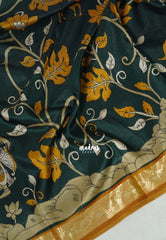 Midnight Green - Premium Vasundra Printed Silk with Floral Prints and Zari Border - Best for Casual Wear
