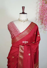 Reddish Maroon - Durga - Banarasi Premium Viscose Silk with Mayil Border and Buttas - Best for Pooja Functions | Diwali Festive