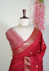 Reddish Maroon - Durga - Banarasi Premium Viscose Silk with Mayil Border and Buttas - Best for Pooja Functions | Diwali Festive