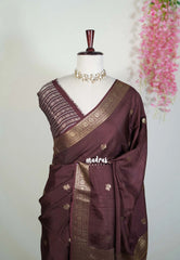 Coffee Brown - Durga - Banarasi Premium Viscose Silk with Mayil Border and Buttas - Best for Pooja Functions | Diwali Festive