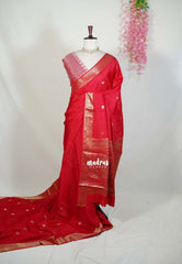 Tomato Red - Durga - Banarasi Premium Viscose Silk with Mayil Border and Buttas - Best for Pooja Functions | Diwali Festive