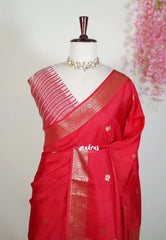 Tomato Red - Durga - Banarasi Premium Viscose Silk with Mayil Border and Buttas - Best for Pooja Functions | Diwali Festive
