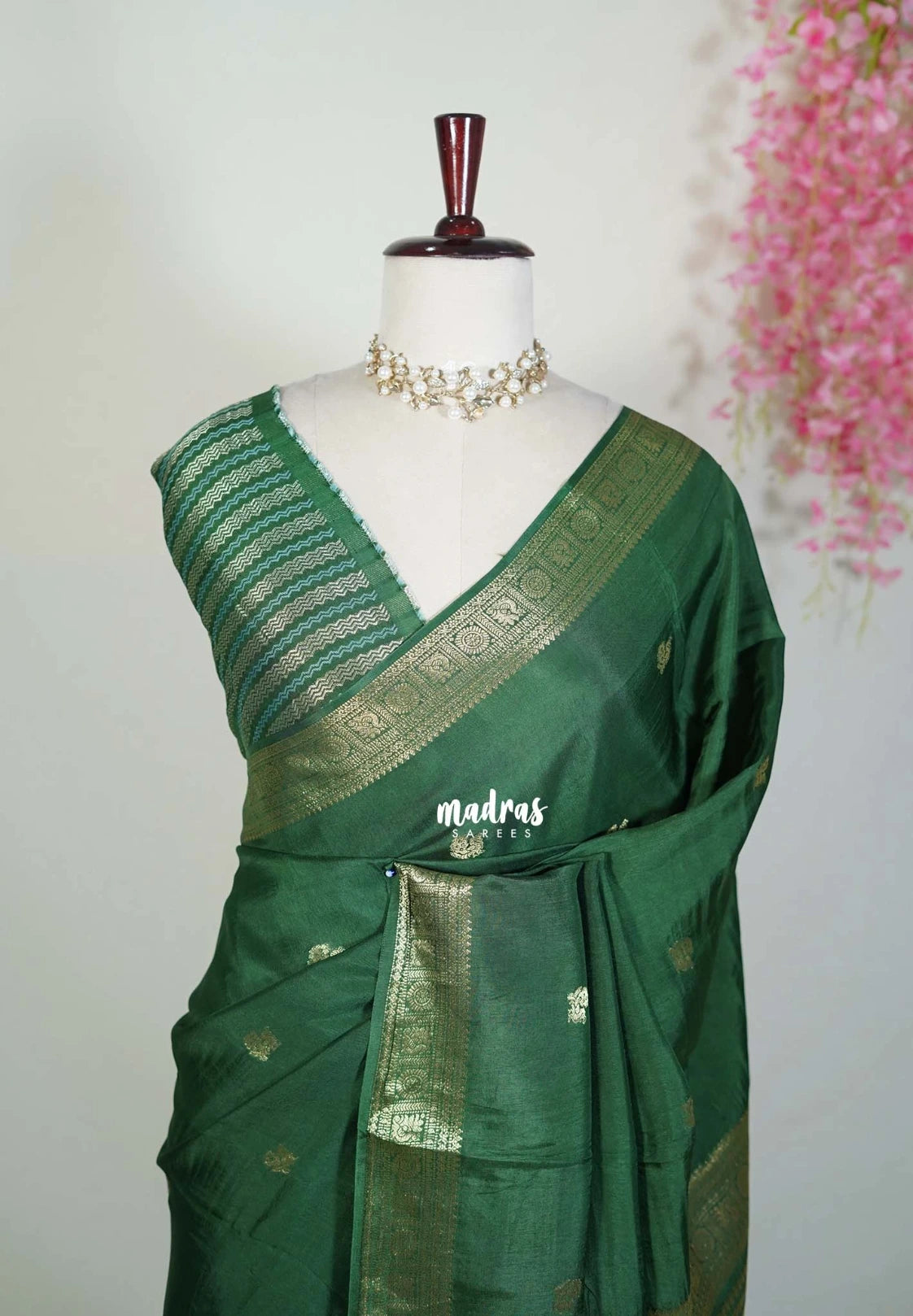Forest Green - Durga - Banarasi Premium Viscose Silk with Mayil Border and Buttas - Best for Pooja Functions | Diwali Festive