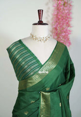 Forest Green - Durga - Banarasi Premium Viscose Silk with Mayil Border and Buttas - Best for Pooja Functions | Diwali Festive