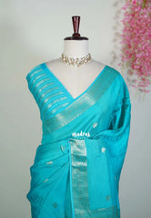 Dark Sky Blue - Durga - Banarasi Premium Viscose Silk with Mayil Border and Buttas - Best for Pooja Functions | Diwali Festive