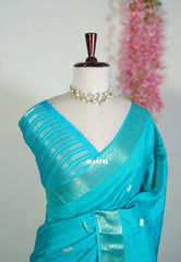 Dark Sky Blue - Durga - Banarasi Premium Viscose Silk with Mayil Border and Buttas - Best for Pooja Functions | Diwali Festive