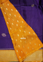 Violet Purple with Yellow - Durga - Banarasi Premium Viscose Silk with Yanai, Mayil Border and Buttas - Best for Pooja Functions | Diwali Festive