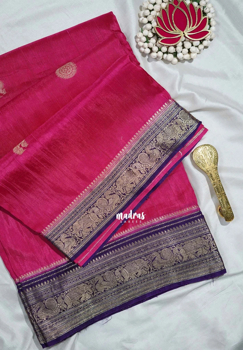 Queen's Pink - Durga - Banarasi Premium Viscose Silk with Yanai, Mayil Border and Buttas - Best for Pooja Functions | Diwali Festive