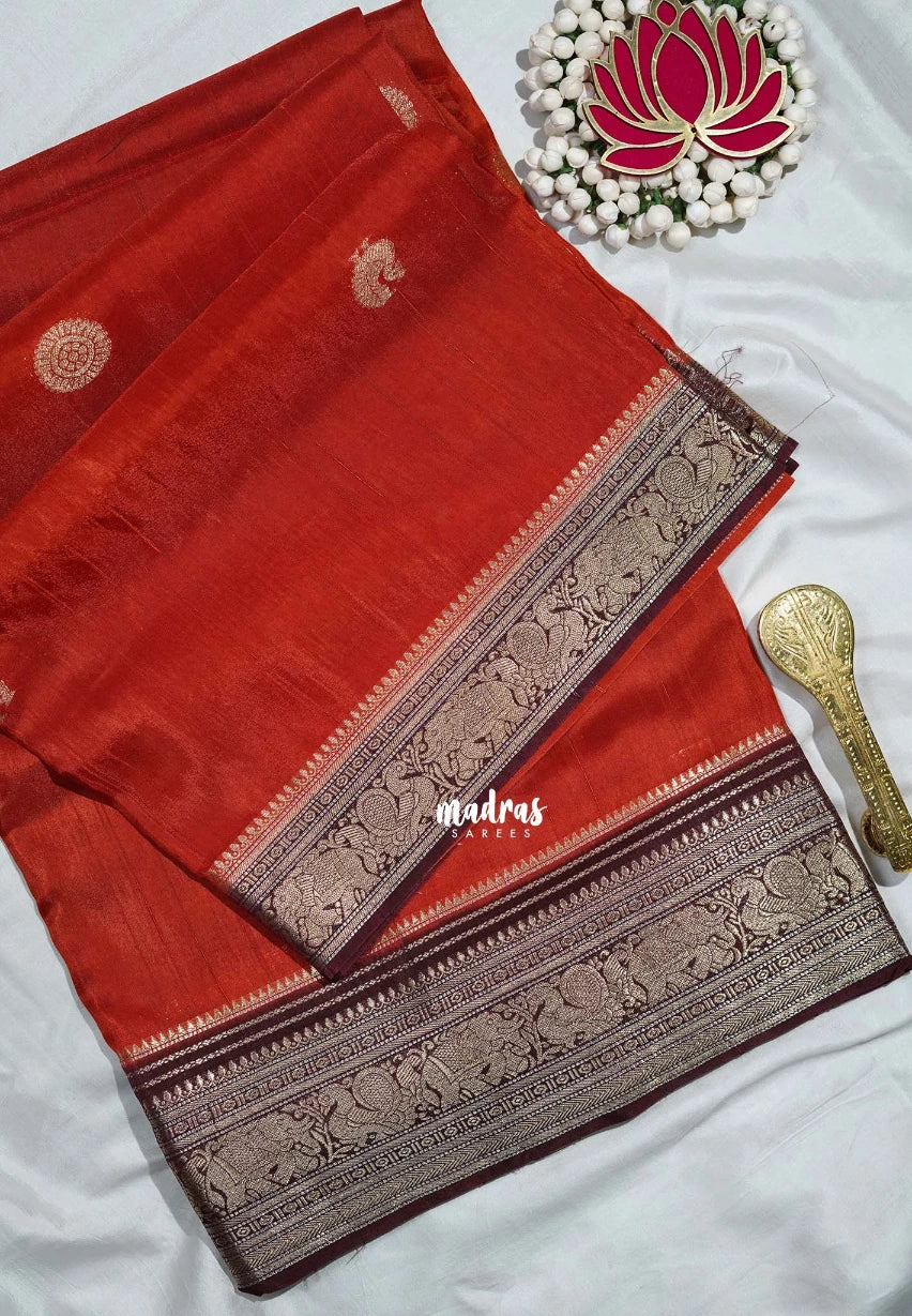 Rust Orange - Durga - Banarasi Premium Viscose Silk with Yanai, Mayil Border and Buttas - Best for Pooja Functions | Diwali Festive
