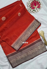 Rust Orange - Durga - Banarasi Premium Viscose Silk with Yanai, Mayil Border and Buttas - Best for Pooja Functions | Diwali Festive