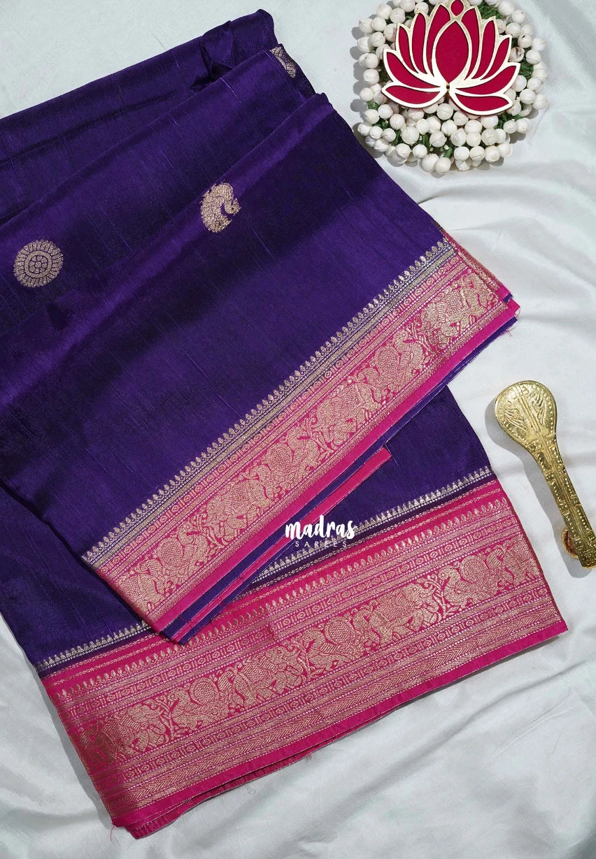 Violet Purple with Pink - Durga - Banarasi Premium Viscose Silk with Yanai, Mayil Border and Buttas - Best for Pooja Functions | Diwali Festive