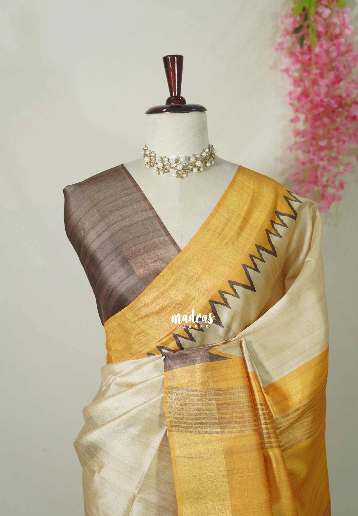 Sandal Ivory with Brown - Roopa - Premium Chappa semi Tussar with Ganga Jamuna Border - Perfect for Small Functions