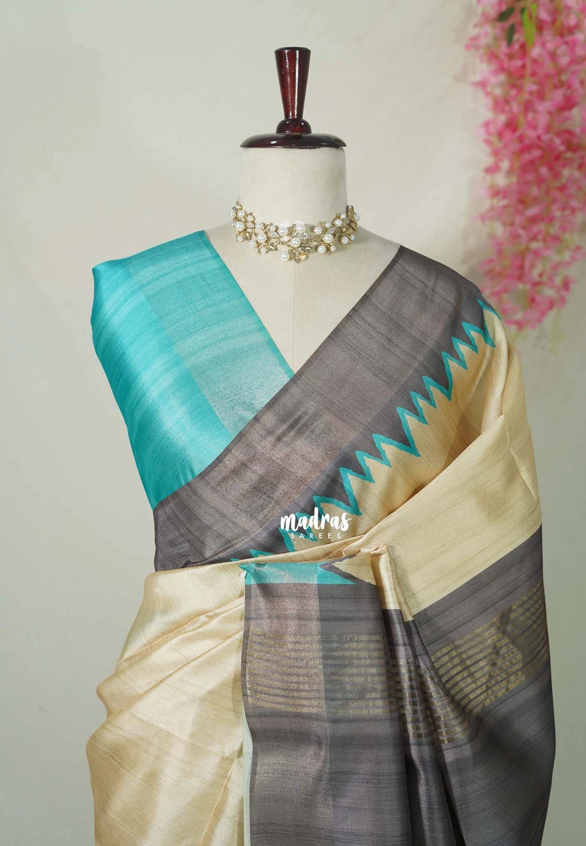 Sandal Ivory with Cyan Blue - Roopa - Premium Chappa semi Tussar with Ganga Jamuna Border - Perfect for Small Functions