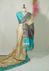 Sandal Ivory with Cyan Blue - Roopa - Premium Chappa semi Tussar with Ganga Jamuna Border - Perfect for Small Functions