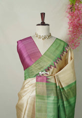 Sandal Ivory with Magenta - Roopa - Premium Chappa semi Tussar with Ganga Jamuna Border - Perfect for Small Functions