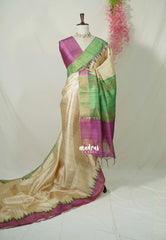 Sandal Ivory with Magenta - Roopa - Premium Chappa semi Tussar with Ganga Jamuna Border - Perfect for Small Functions