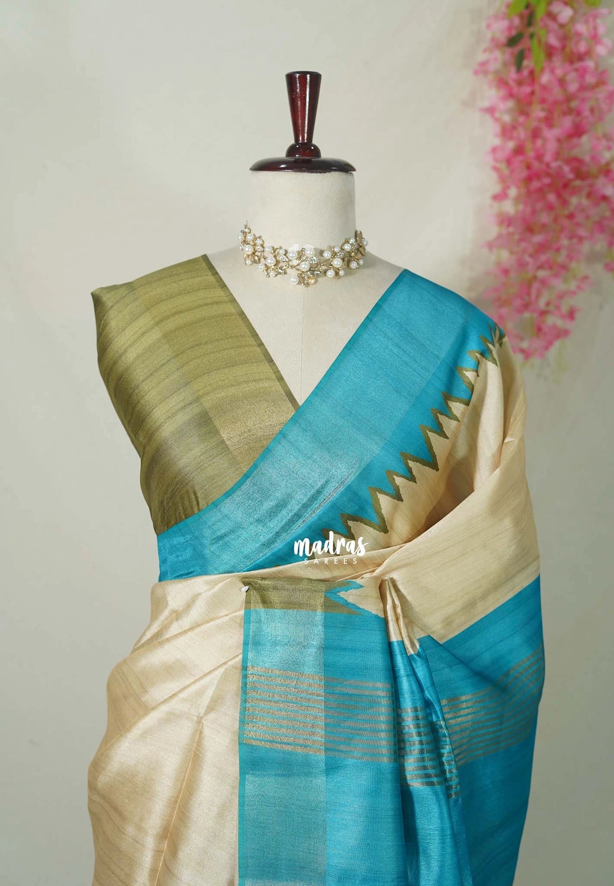 Sandal Ivory with Olive Green - Roopa - Premium Chappa semi Tussar with Ganga Jamuna Border - Perfect for Small Functions