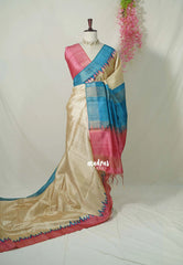 Sandal Ivory with Pink - Roopa - Premium Chappa semi Tussar with Ganga Jamuna Border - Perfect for Small Functions
